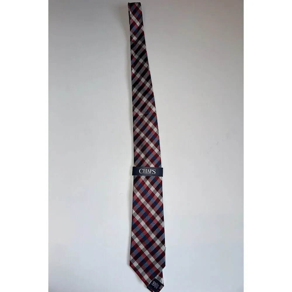 NWT Chaps Men’s Tie – Red Blue Plaid – 100% Silk – Handmade – MSRP $38